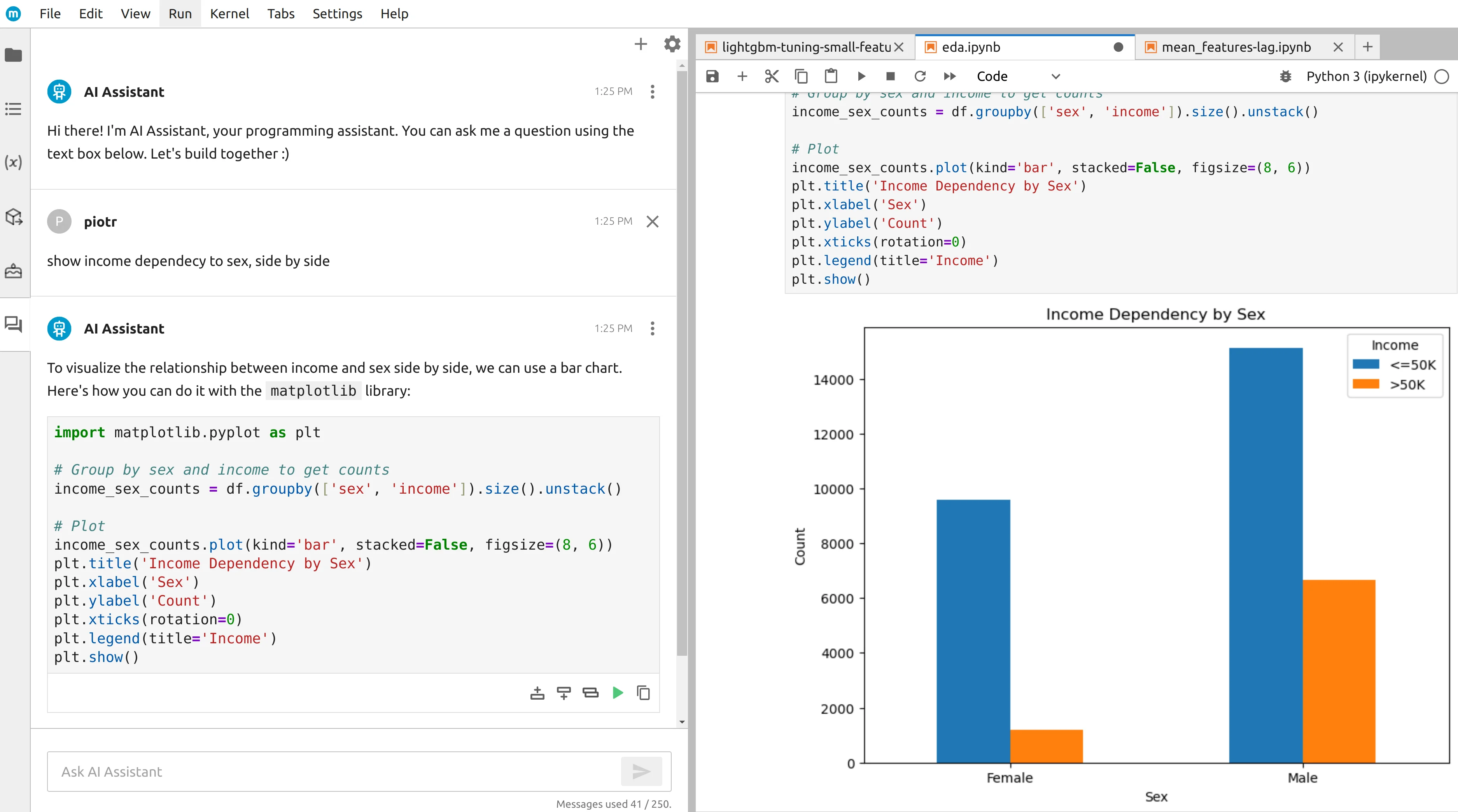 MLJAR Studio AI assistant generating Python code in a notebook